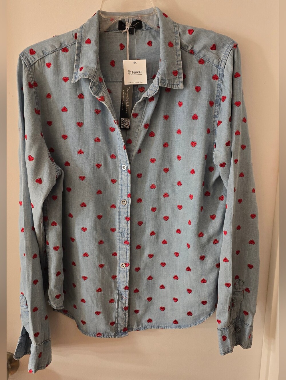 Velvet Heart Light Blue Shirt with Red Heart Print